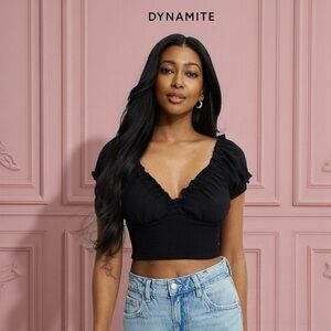 Dynamite, Black Smocked Puff Sleeve Crop Top, Size Large